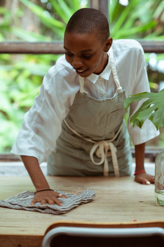 Positive smiling black woman with short haircut wearing apron cleaning wooden table by using microfiber cloth while standing against blurred big window and green lush park